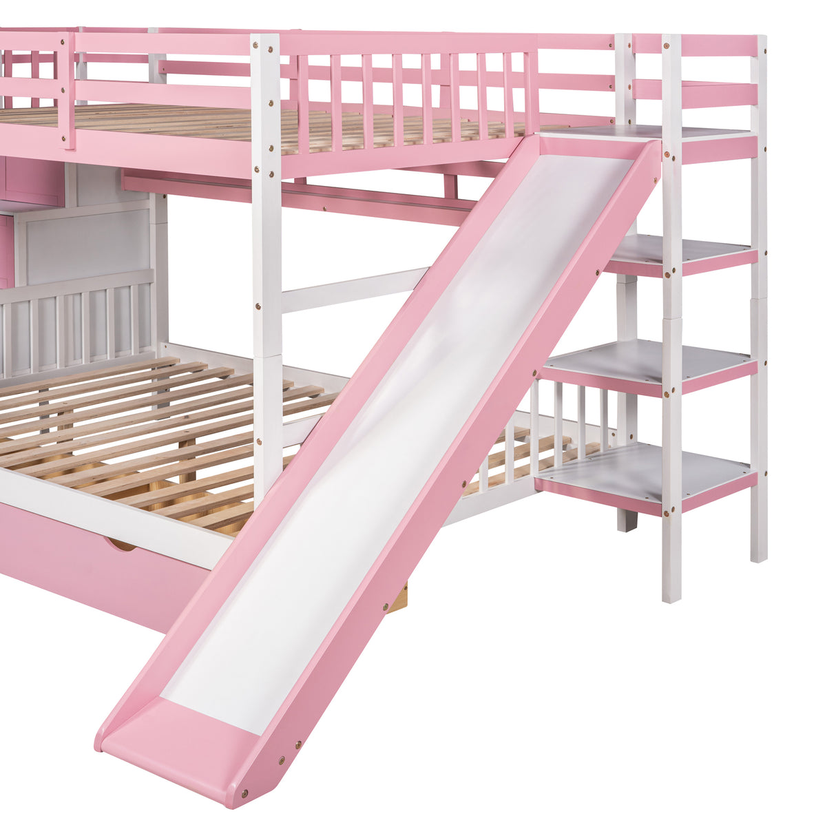 Full-Over-Full Castle Style Bunk Bed with 2 Drawers 3 Shelves and Slide - Pink