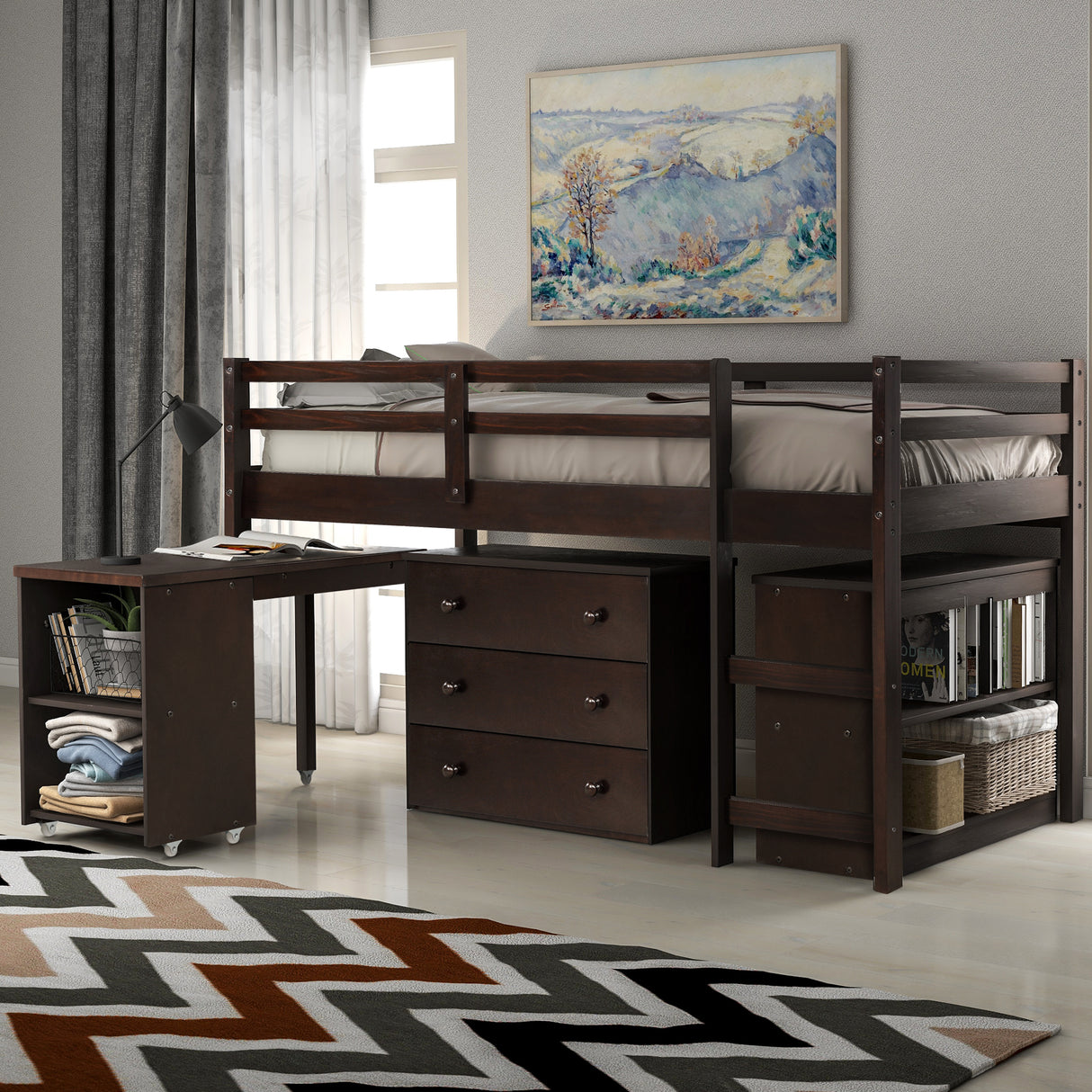 Low Study Twin Loft Bed with Cabinet and Rolling Portable Desk - Espresso (OLD SKU :LP000113AAP)