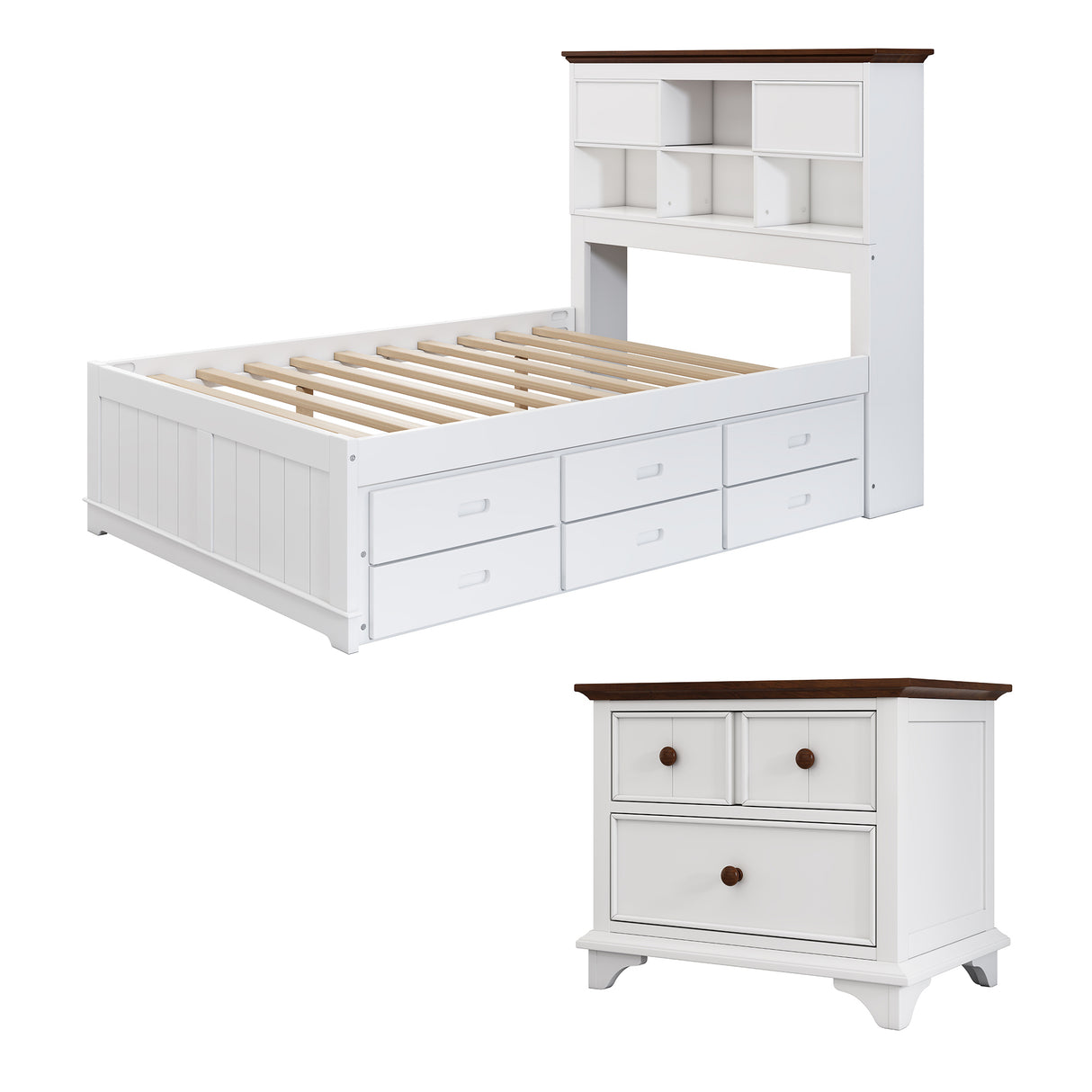 2 Pieces Wooden Captain Bedroom Set Full Bed with Trundle and Nightstand,White+Walnut | Home Elegance USA