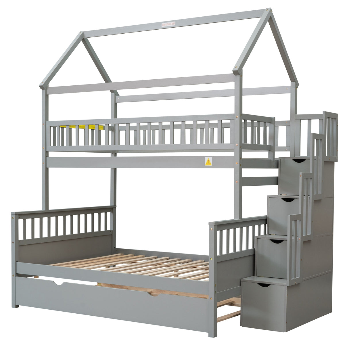 Twin over Full Size House Bunk Bed with Storage Staircase and Trundle,Full-Length Guardrail,Gray - Home Elegance USA