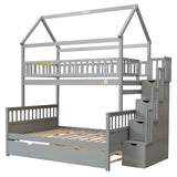 Twin over Full Size House Bunk Bed with Storage Staircase and Trundle,Full-Length Guardrail,Gray - Home Elegance USA