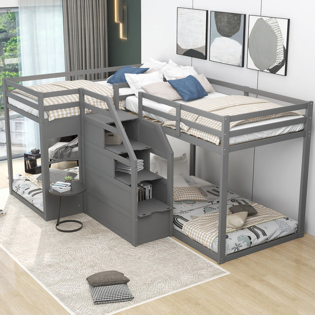 Twin over Twin L-Shaped Bunk Bed with Built-in Middle Staircase,Gray - Home Elegance USA