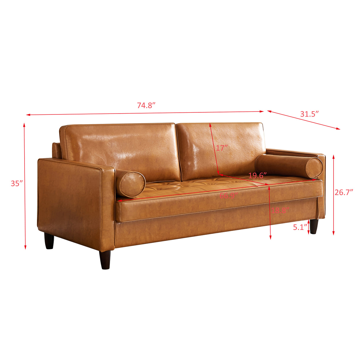 Modern Mid-Century Vegan Leather Sofa （Mocha） - Home Elegance USA