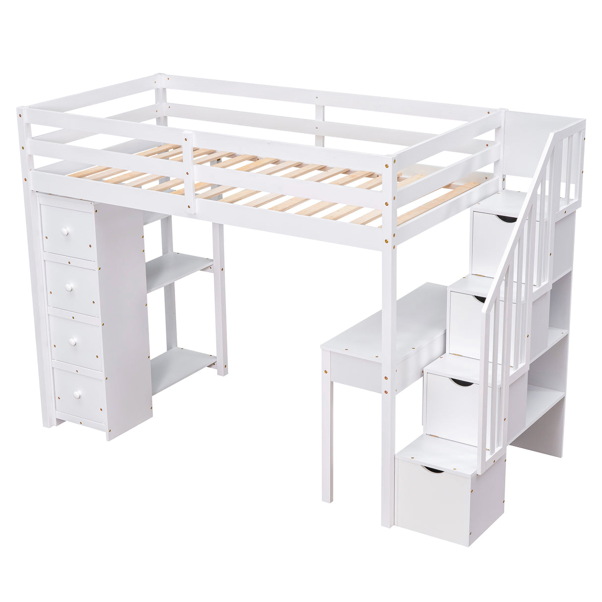 Twin size Loft Bed with Storage Drawers ,Desk and Stairs, Wooden Loft Bed with Shelves - White - Home Elegance USA