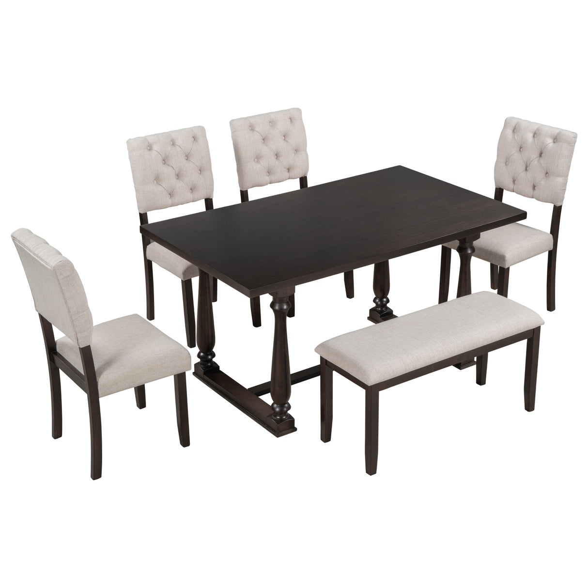 TREXM 6-Piece Dining Table and Chair Set with Special-shaped Legs and Foam-covered Seat Backs&Cushions for Dining Room (Espresso) - Home Elegance USA