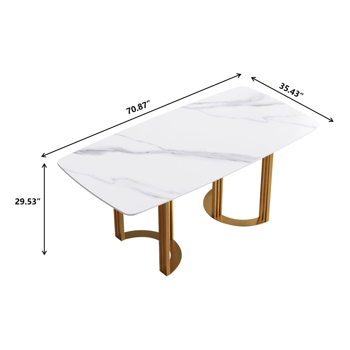 70.87"Modern artificial stone white curved golden metal leg dining table-can accommodate 6-8 people - Home Elegance USA
