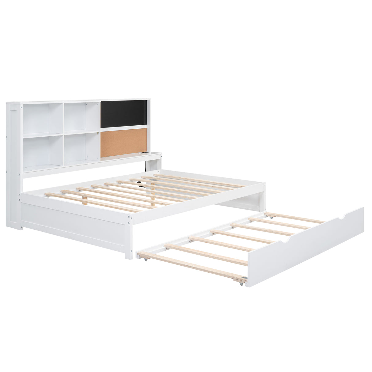 Full Size Daybed with Storage Shelves, Blackboard, Cork board, USB Ports and Twin Size Trundle, White(Expected Arrival Time: 8.2) - Home Elegance USA