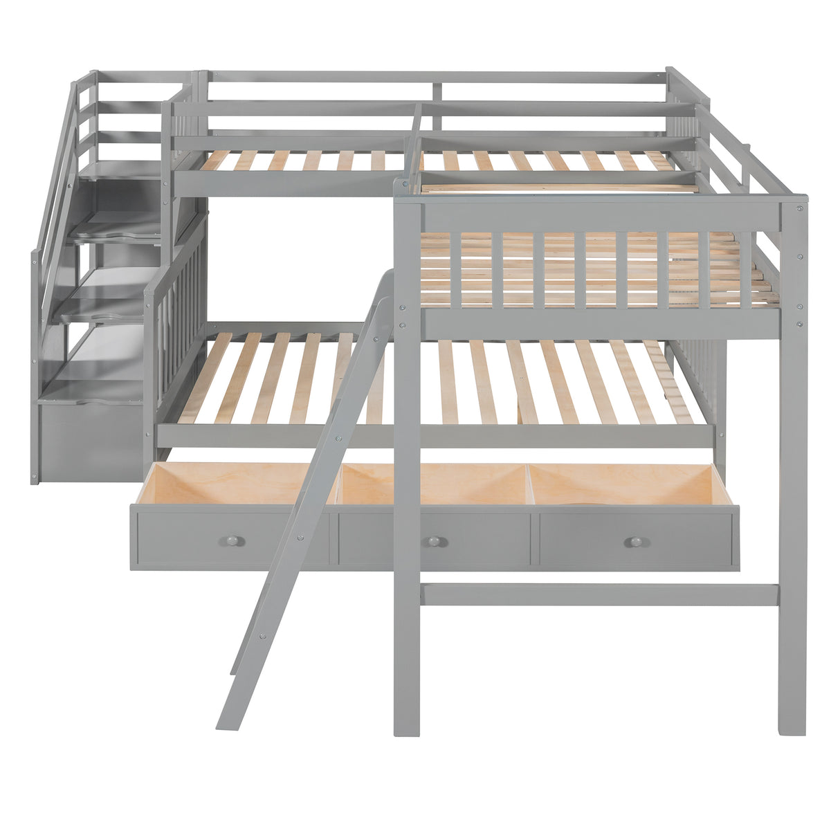 Twin over Full L-Shaped Bunk Bed With 3 Drawers, Ladder and Staircase - Gray - Home Elegance USA