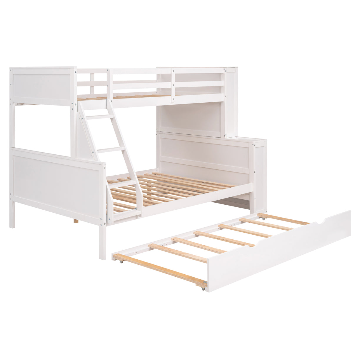 Twin over Full Bunk Bed with Trundle and Shelves, can be Separated into Three Separate Platform Beds, White - Home Elegance USA