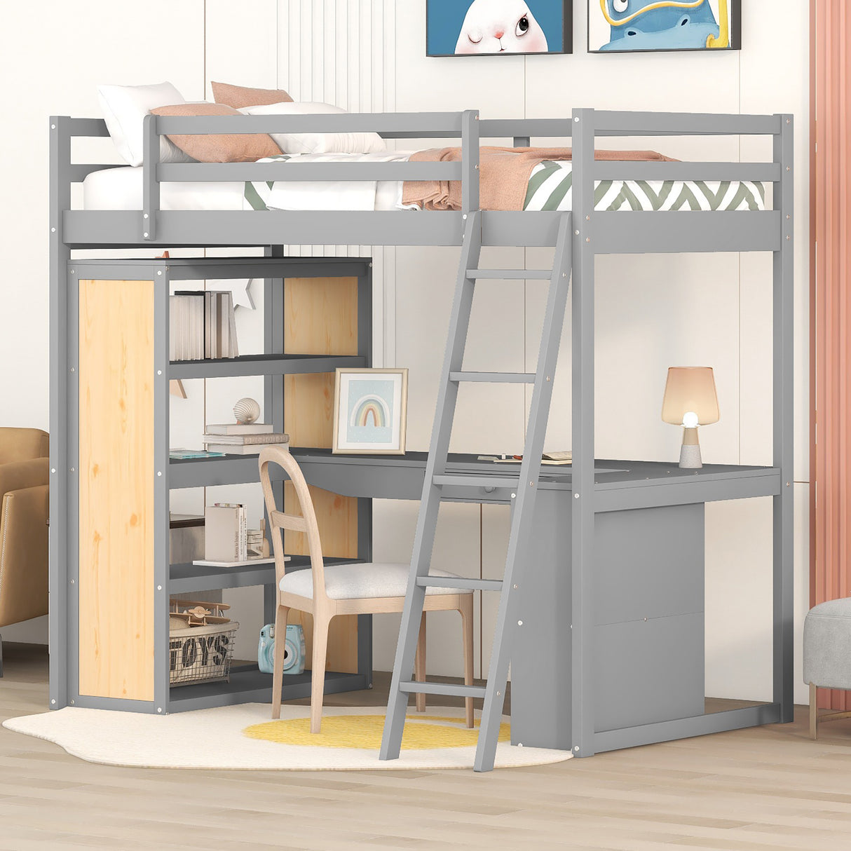 Twin Size Loft Bed with Ladder, Shelves, and Desk, Gray - Home Elegance USA