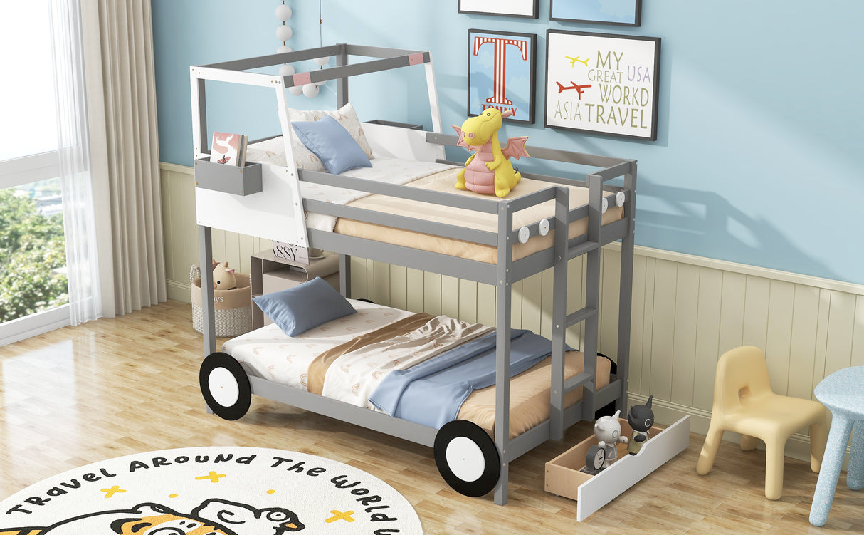 Twin over Twin Car-Shaped Bunk Bed with Wheels, Drawers and Shelves, Gray (Expected Arrival Time:7.30) - Home Elegance USA