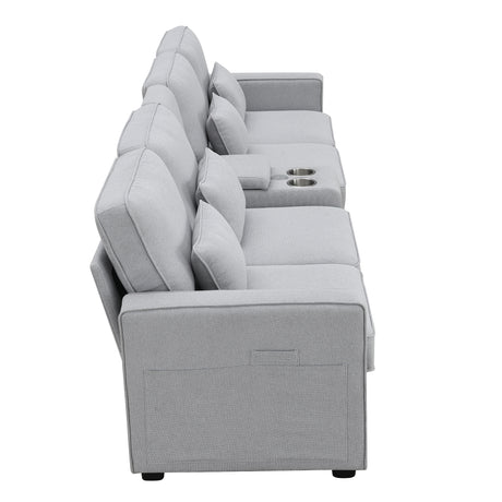 [VIDEO provided] [New] 114.2" Upholstered Sofa with Console, 2 Cupholders and 2 USB Ports Wired or Wirelessly Charged, Modern Linen Fabric Couches with 4 Pillows for Living Room, Apartment (4-Seat) Home Elegance USA