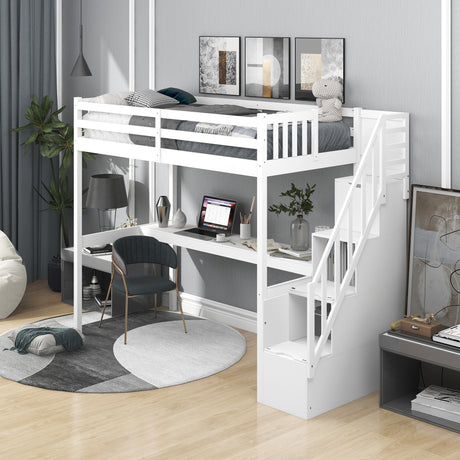 Twin Size Loft Bed with Staircase and Built-in Desk ,White - Home Elegance USA
