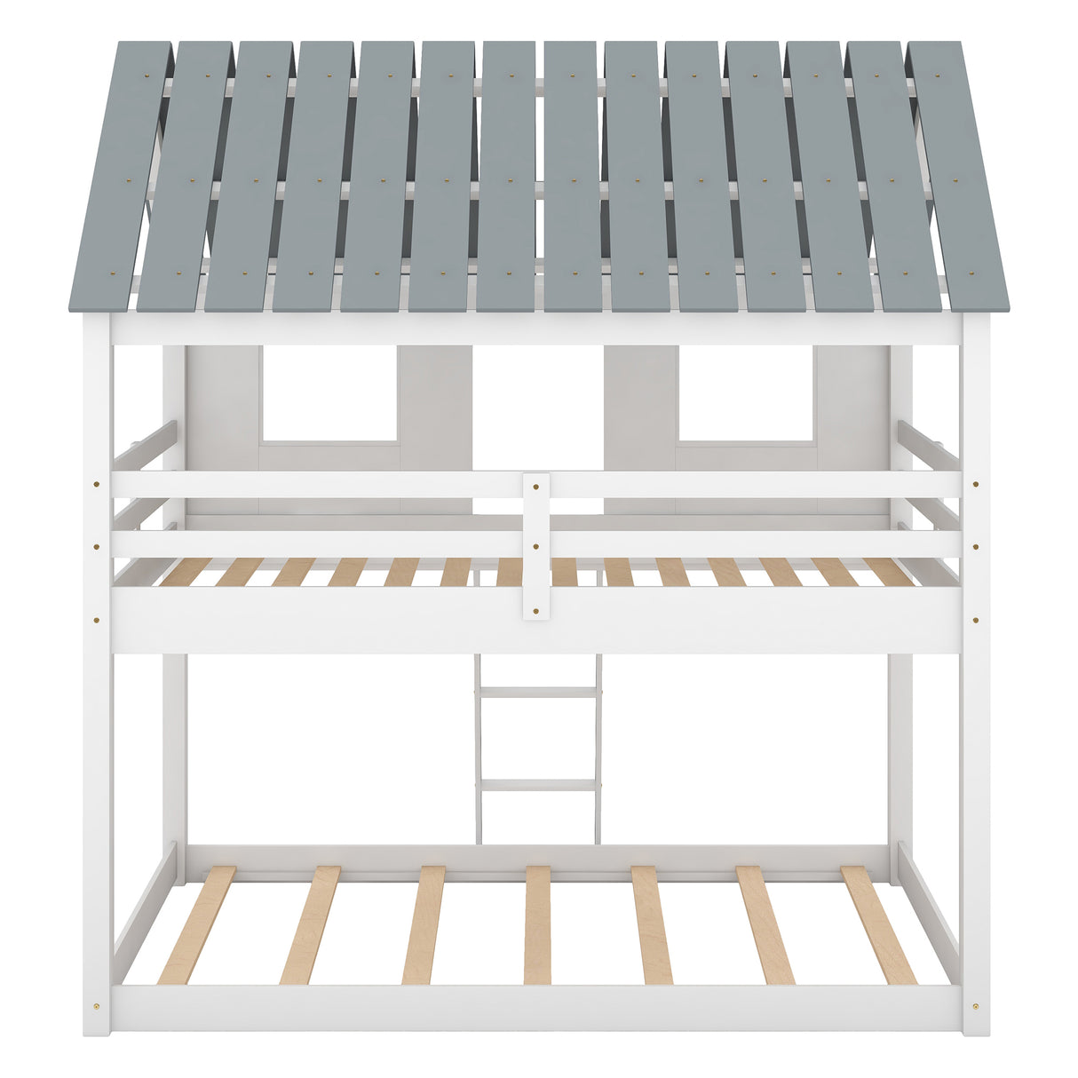 Twin over Twin Size Low Bunk Beds with Roof and Fence-shaped Guardrail, White - Home Elegance USA