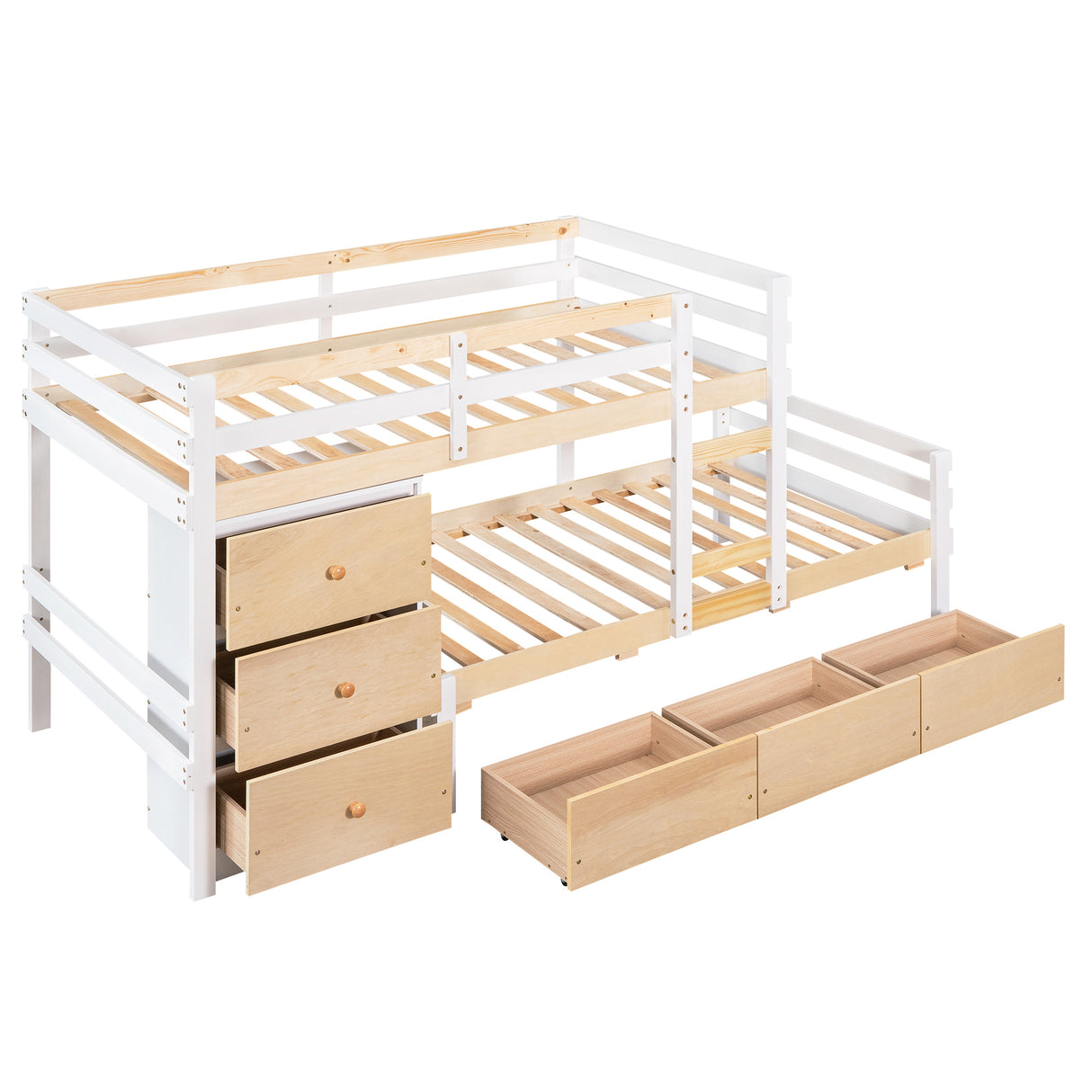 Twin over Twin Loft Bunk Bed with Drawers and Ladder, Natural - Home Elegance USA