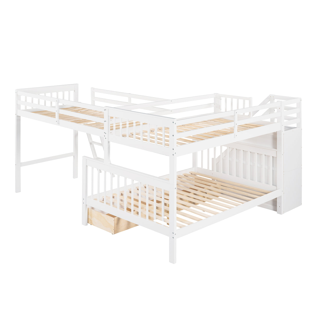 Twin over Full L-Shaped Bunk Bed With 3 Drawers, Ladder and Staircase - White - Home Elegance USA