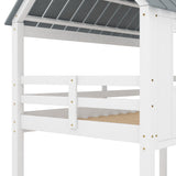 Twin over Twin Size Low Bunk Beds with Roof and Fence-shaped Guardrail, White - Home Elegance USA