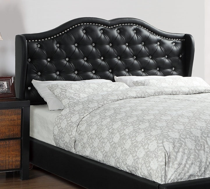 Queen Size Bed 1pc Bed Set Black Faux Leather Upholstered Wingback Design Bed Frame Headboard Bedroom Furniture Tufted Upholstered - Home Elegance USA