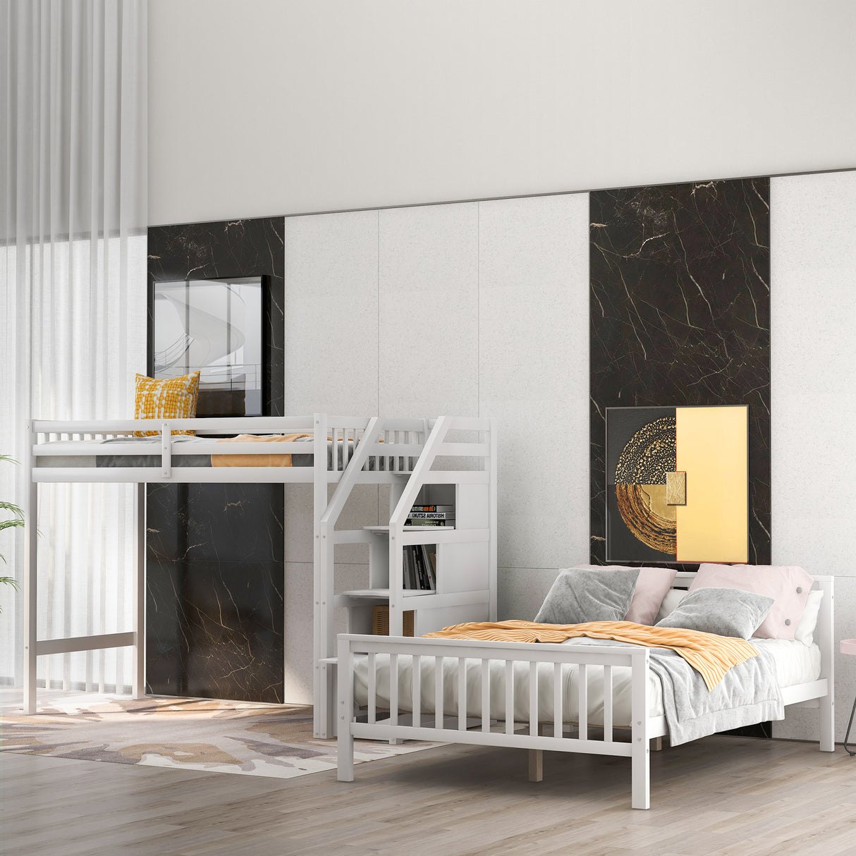 Twin over Full Loft Bed with Staircase,White(OLD SKU:SM000107AAK) - Home Elegance USA