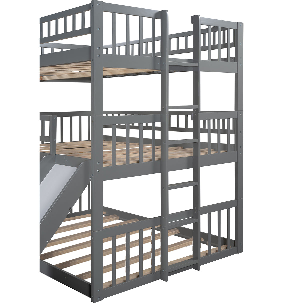 Full-Over-Full-Over-Full Triple Bed with Built-in Ladder and Slide , Triple Bunk Bed with Guardrails, Gray(OLD SKU :LP000052AAE) - Home Elegance USA