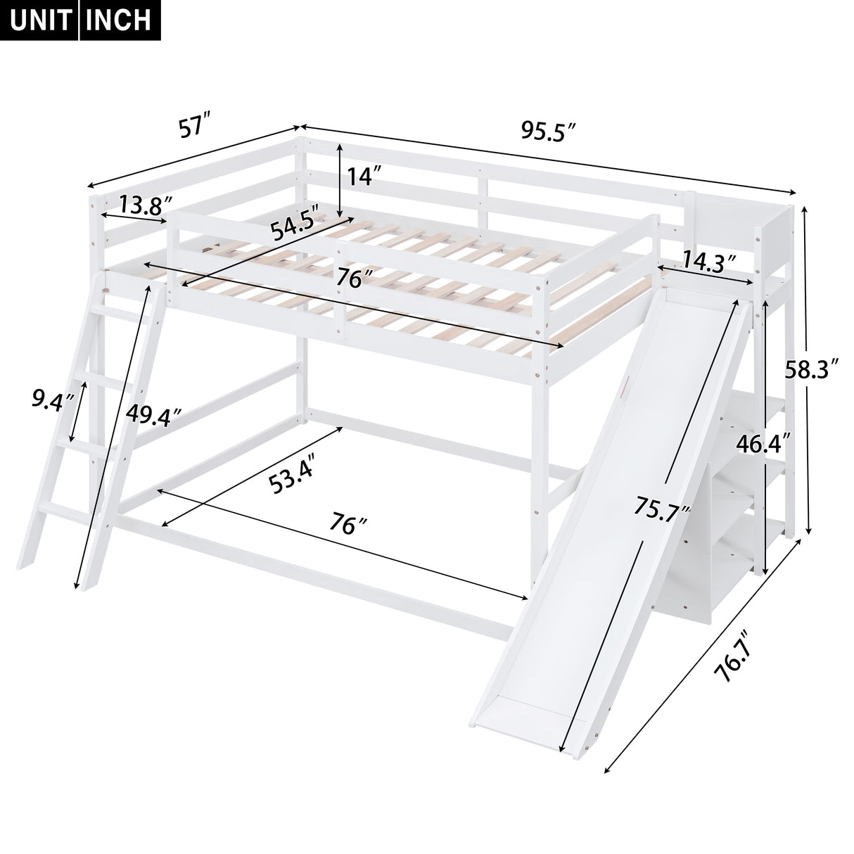 Full over Full Bunk Bed with Ladder, Slide and Shelves, White - Home Elegance USA