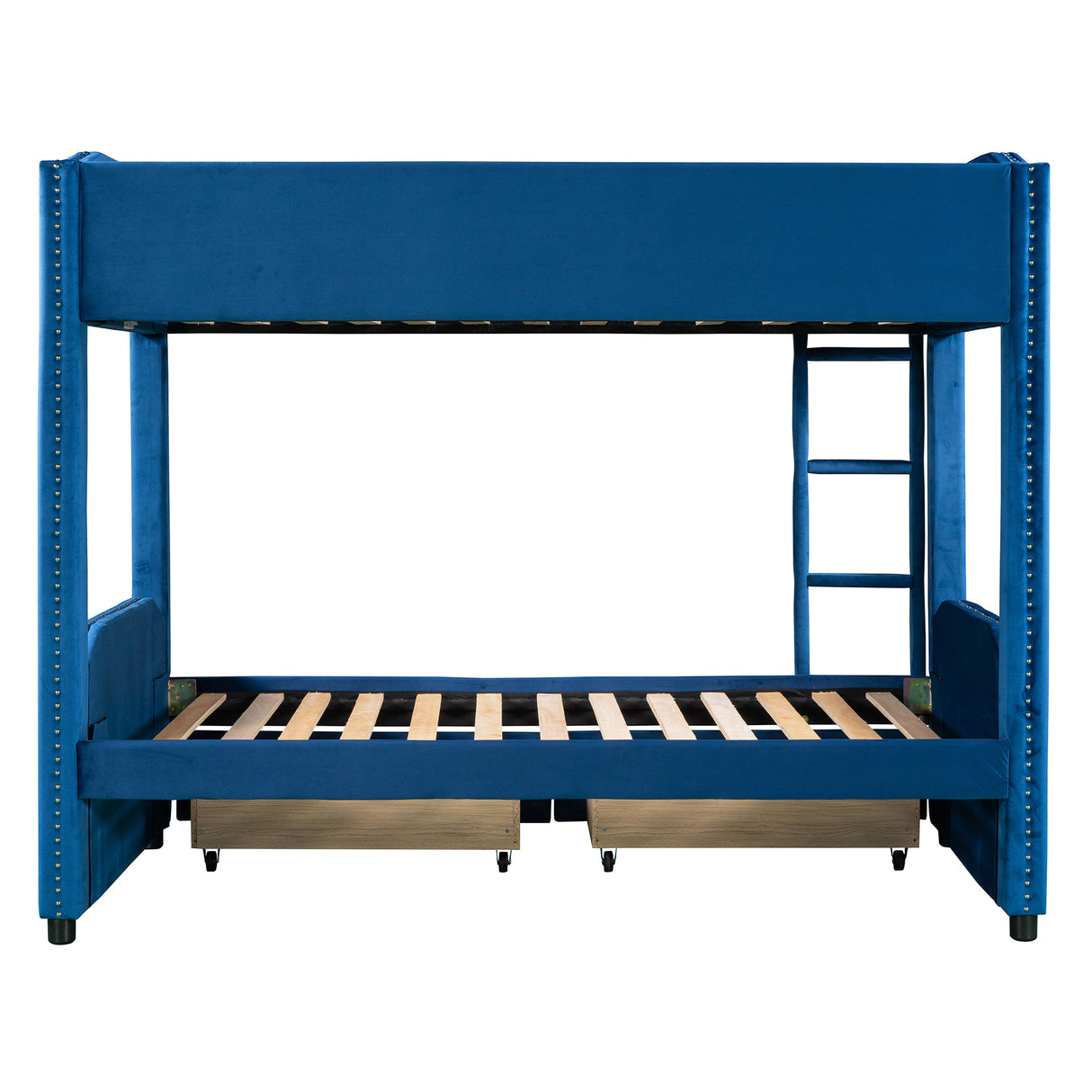 Twin over Twin Upholstered Bunk Bed with Two Drawers, Button-Tufted Headboard and Footboard Design, Blue - Home Elegance USA