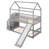 Twin Over Twin Bunk Bed with Drawers and Slide, House Bed with Slide,Gray(OLD SKU :LT000215AAE) - Home Elegance USA