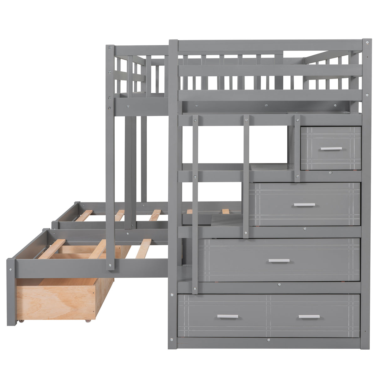 Full Over Twin & Twin Bunk Bed, Wood Triple Bunk Bed with Drawers and Guardrails (Gray) Home Elegance USA