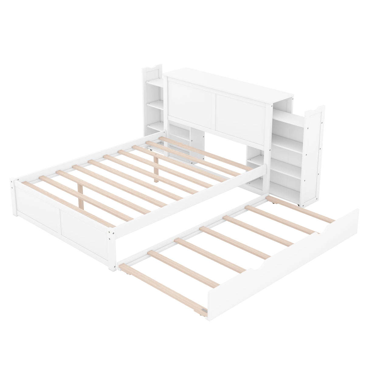 Full Size Storage Platform Bed with Pull Out Shelves and Twin Size Trundle, White - Home Elegance USA