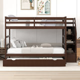 Full-over-Full Bunk Bed with Twin Size Trundle and 3 Storage Stairs,Espresso - Home Elegance USA
