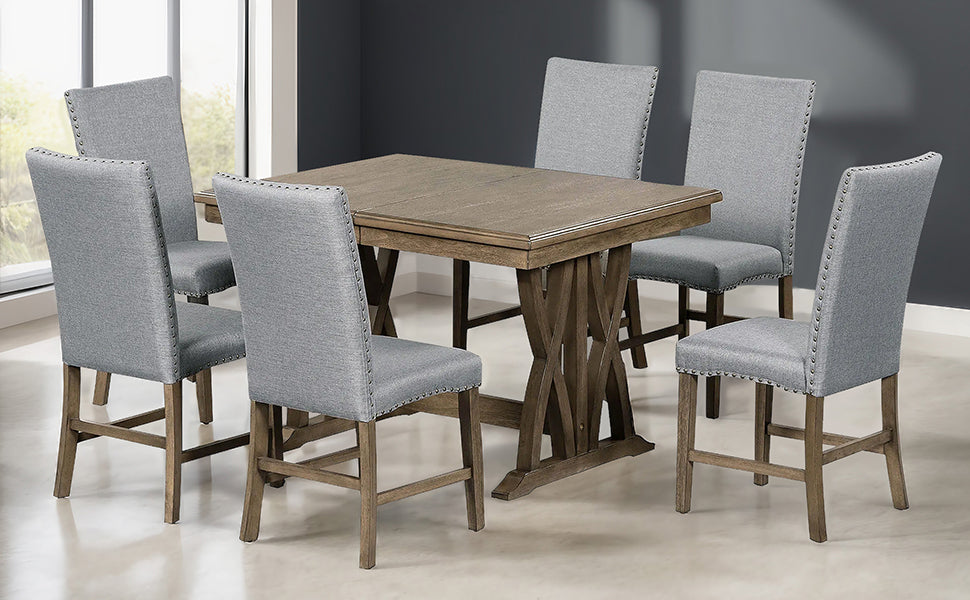 TOPMAX Mid-Century Solid Wood 7-Piece Dining Table Set Extendable Kitchen Table Set with Upholstered Chairs and 12" Leaf for 6, Golden Brown+Gray Cushion - Home Elegance USA