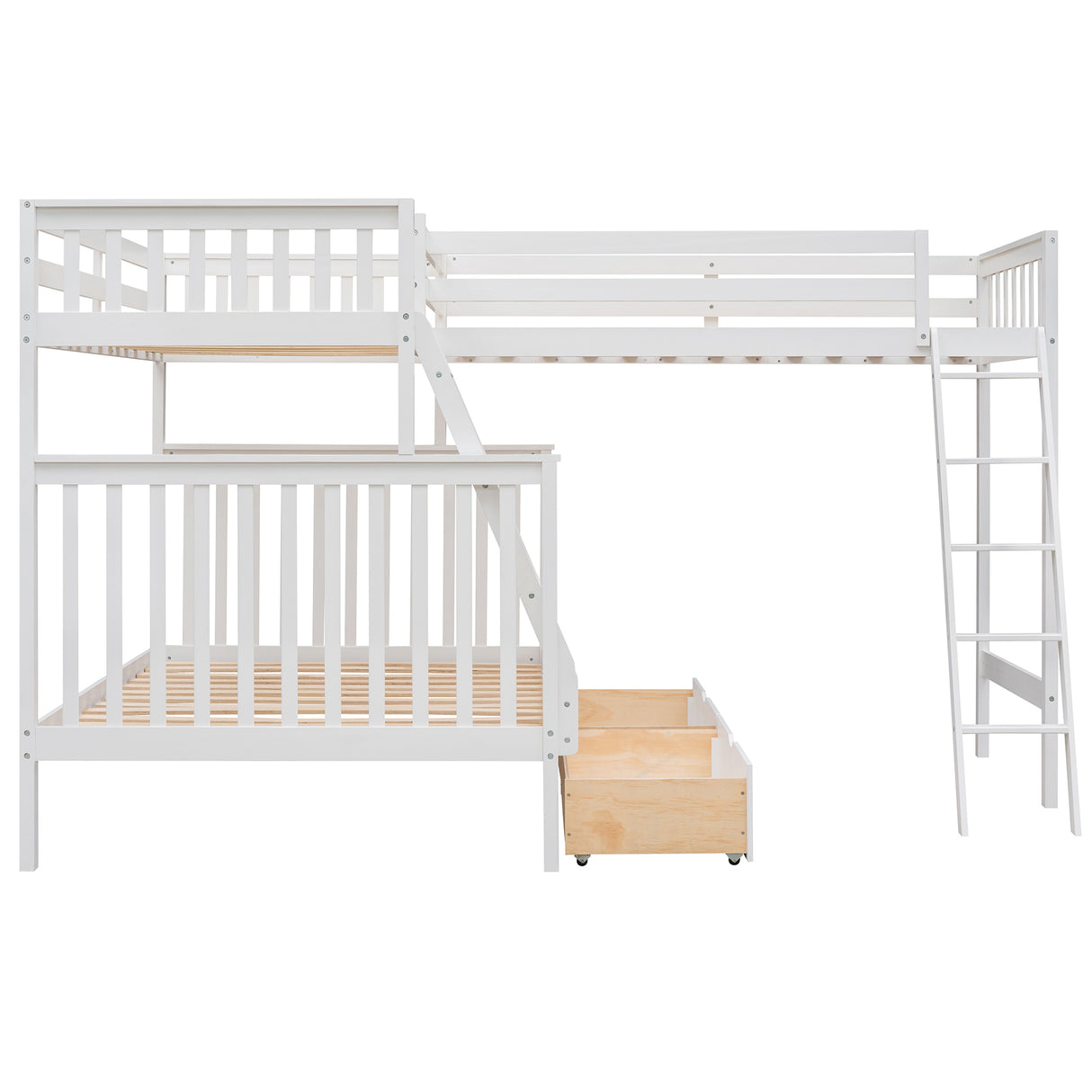 L-Shaped Twin over Full Bunk Bed and Twin Size Loft Bed with Two Storage Drawers,White - Home Elegance USA