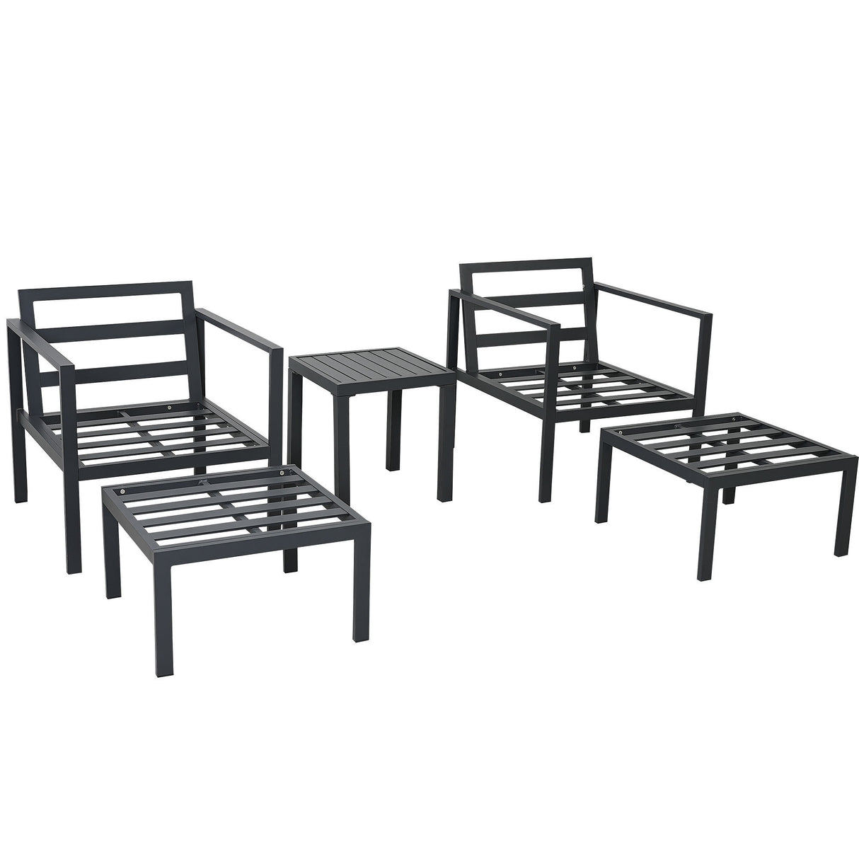 TOPMAX Outdoor Patio 5-piece Aluminum Alloy Conversation Set Sofa Set with Coffee Table and Stools for Poolside, Garden,Black Frame+Gray Cushion