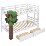 Twin-Over-Twin Bunk Bed with  a Tree Decor and Two Storage Drawers, White - Home Elegance USA