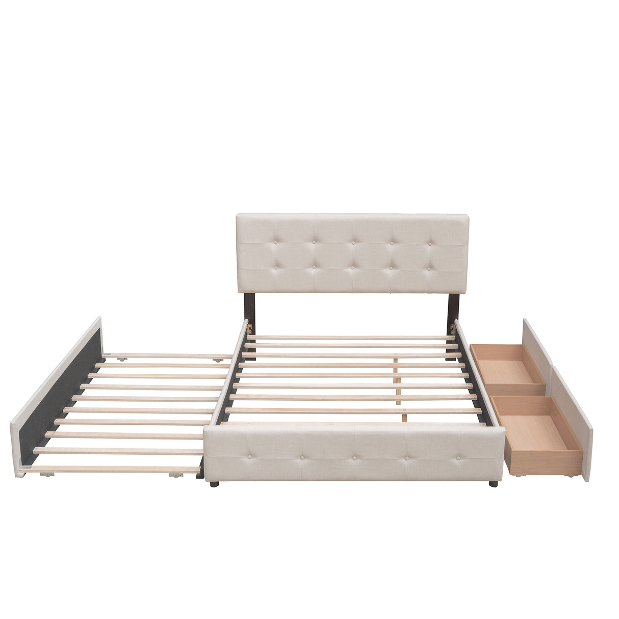 Upholstered Platform Bed with 2 Drawers and 1 Twin XL Trundle,  Linen Fabric, Queen Size - Dark Beige(OLD SKU :LP000314AAA)