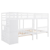 Full Over Twin & Twin Bunk Bed, Wood Triple Bunk Bed with Drawers and Guardrails (White) Home Elegance USA