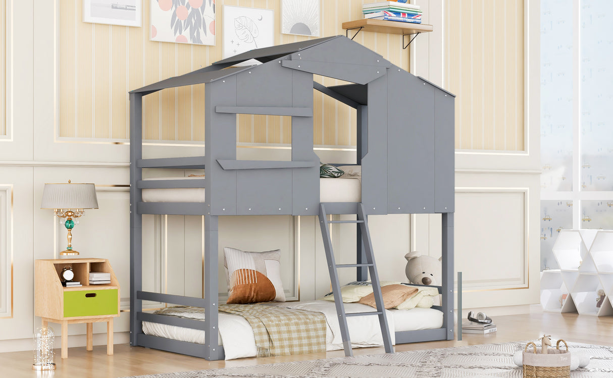 Twin Over Twin House Bunk Bed With Ladder, Wood Bed-Gray - Home Elegance USA