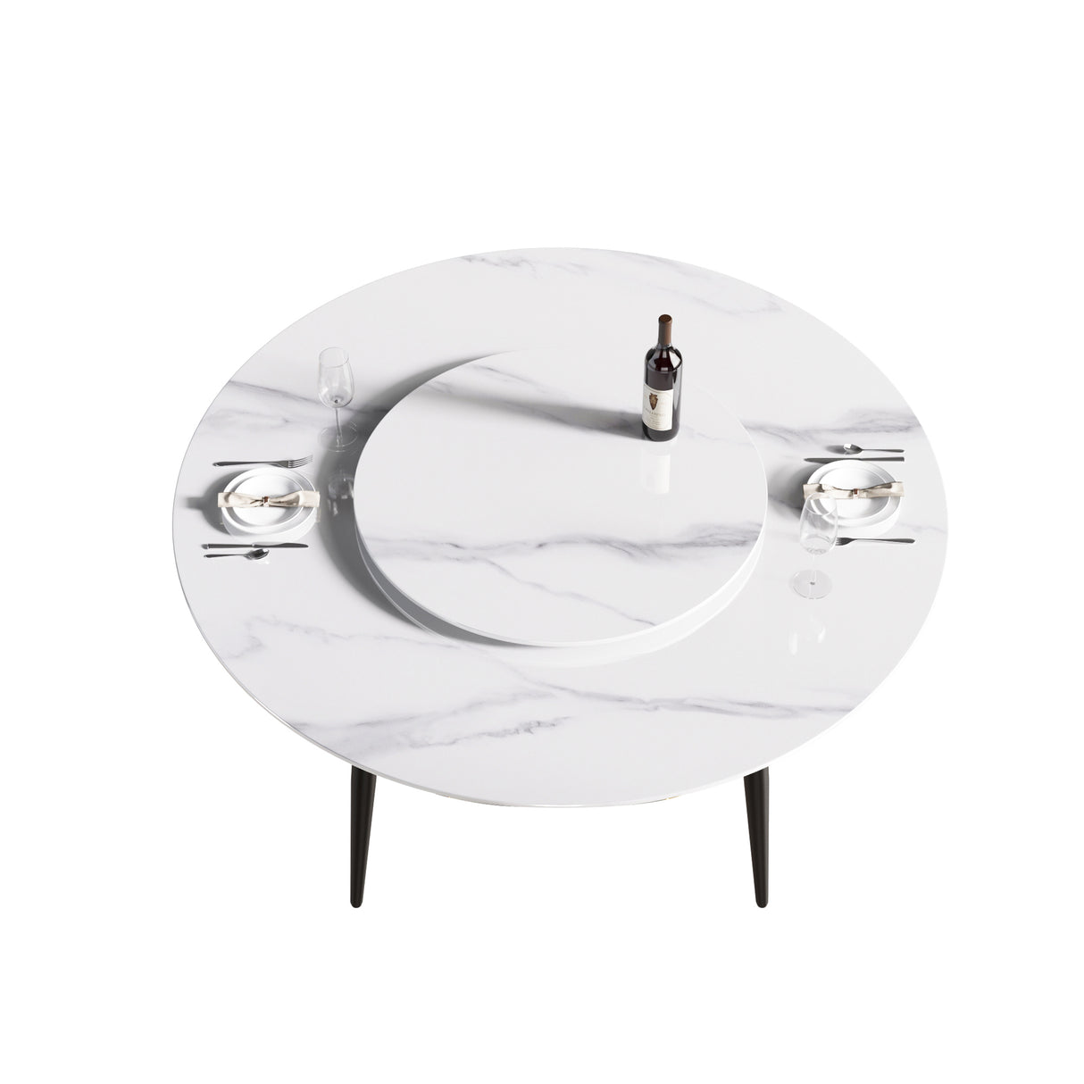 59.05"Modern artificial stone round black metal dining table - can accommodate 6 people - 31.5"white artificial stone turntable - W1535S00011 - image - 8