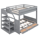 Wood Full Size Convertible Bunk Bed with Storage Staircase, Bedside Table, and 3 Drawers, Gray - Home Elegance USA