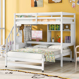 Twin over Full Bunk Bed with Storage Staircase, Desk, Shelves and Hanger for Clothes, White - Home Elegance USA