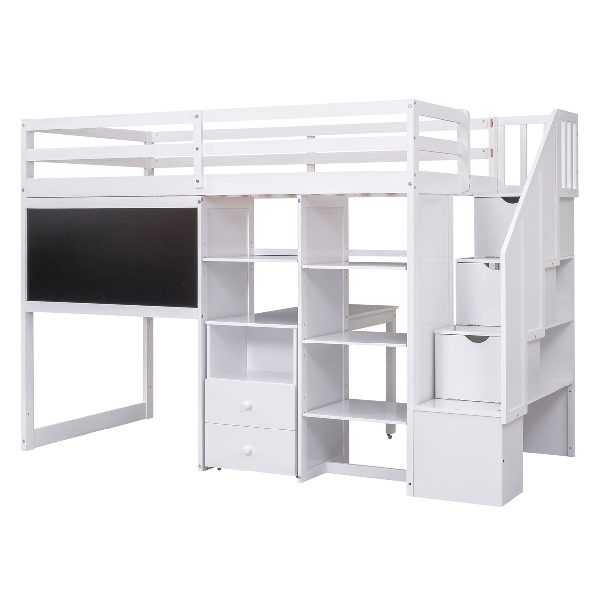 Twin Size Loft Bed with Pullable Desk and Storage Shelves,Staircase and Blackboard,White - Home Elegance USA