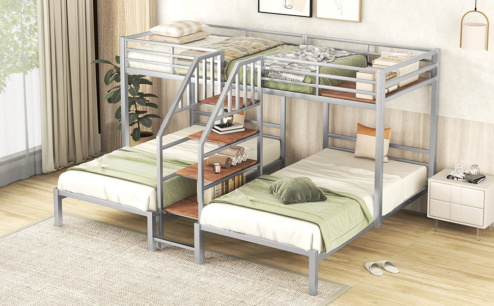 Metal Twin over Twin & Twin Bunk Bed, Triple Bunk Bed with Storage Shelves Staircase, Silver - Home Elegance USA