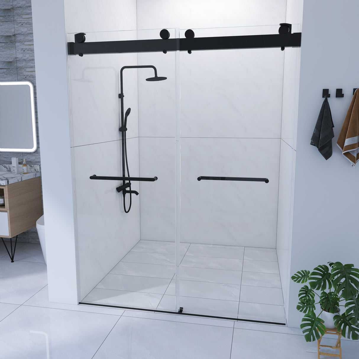 Frameless Double Sliding Shower, 69" - 72" Width, 79" Height, 3/8" (10 mm) Clear Tempered Glass, , Designed for Smooth Door with Clear Tempered Glass and Stainless Steel Hardware in Matte Black Finish