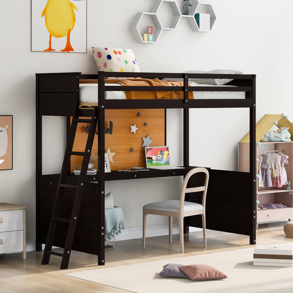 Twin size Loft Bed with Desk and Writing Board, Wooden Loft Bed with Desk - Espresso - Home Elegance USA