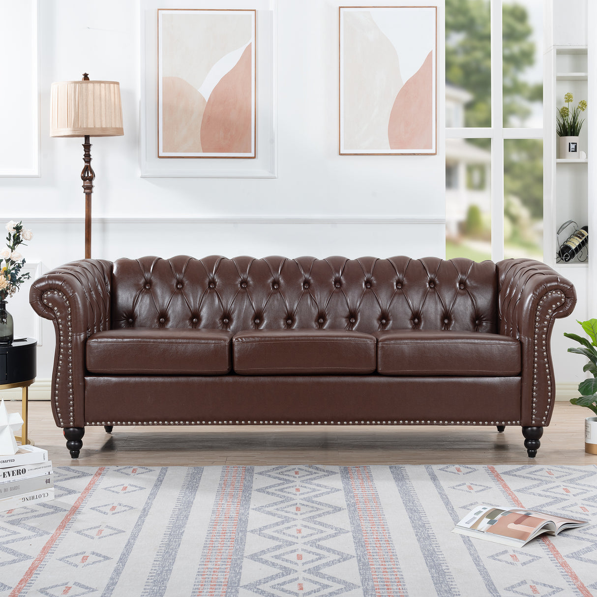 84.65" Dark Brown PU Rolled Arm Chesterfield Three Seater Sofa. - W68035342 - image - 1