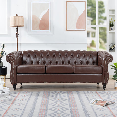 84.65" Dark Brown PU Rolled Arm Chesterfield Three Seater Sofa. | Home Elegance USA