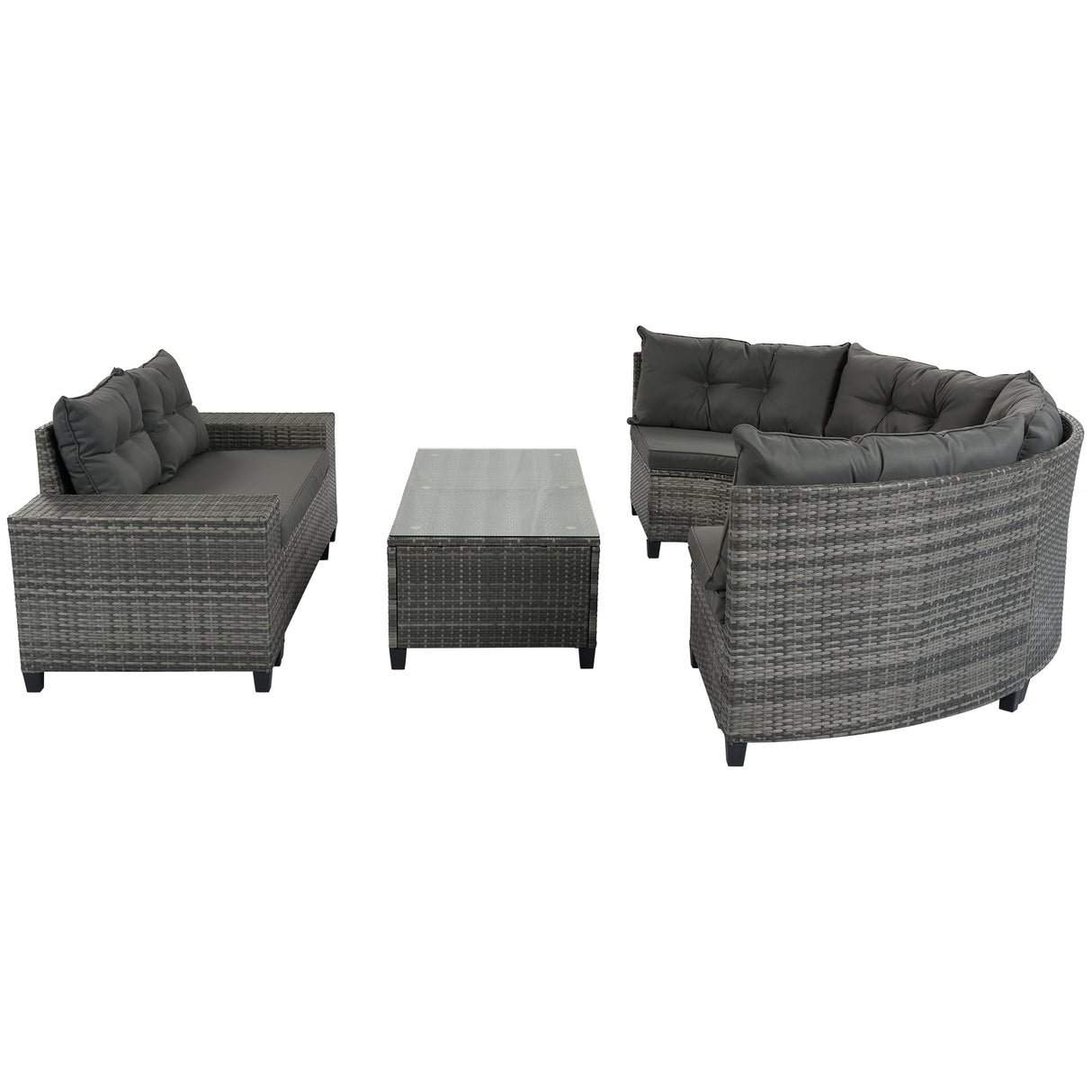 GO 8-pieces Outdoor Wicker Round Sofa Set, Half-Moon Sectional Sets All Weather, Curved Sofa Set With Rectangular Coffee Table, PE Rattan Water-resistant and UV Protected, Movable Cushion, Gray