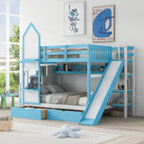 Full-Over-Full Castle Style Bunk Bed with 2 Drawers 3 Shelves and Slide - Blue