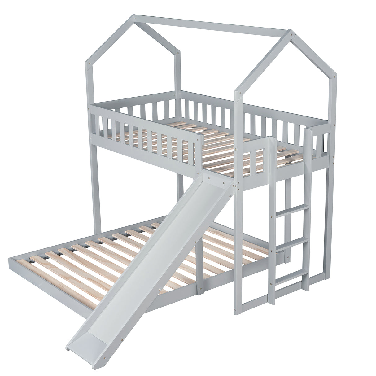 Twin over Full House Bunk Bed with Slide and Built-in Ladder,Full-Length Guardrail,Gray - Home Elegance USA