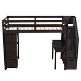 Twin size Loft Bed with Storage Drawers ,Desk and Stairs, Wooden Loft Bed with Shelves - Espresso - Home Elegance USA